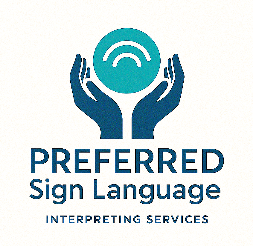 An illustration of two blue hands holding up a teal colored ball. It reads Preferred Sign Language Interpreting Services